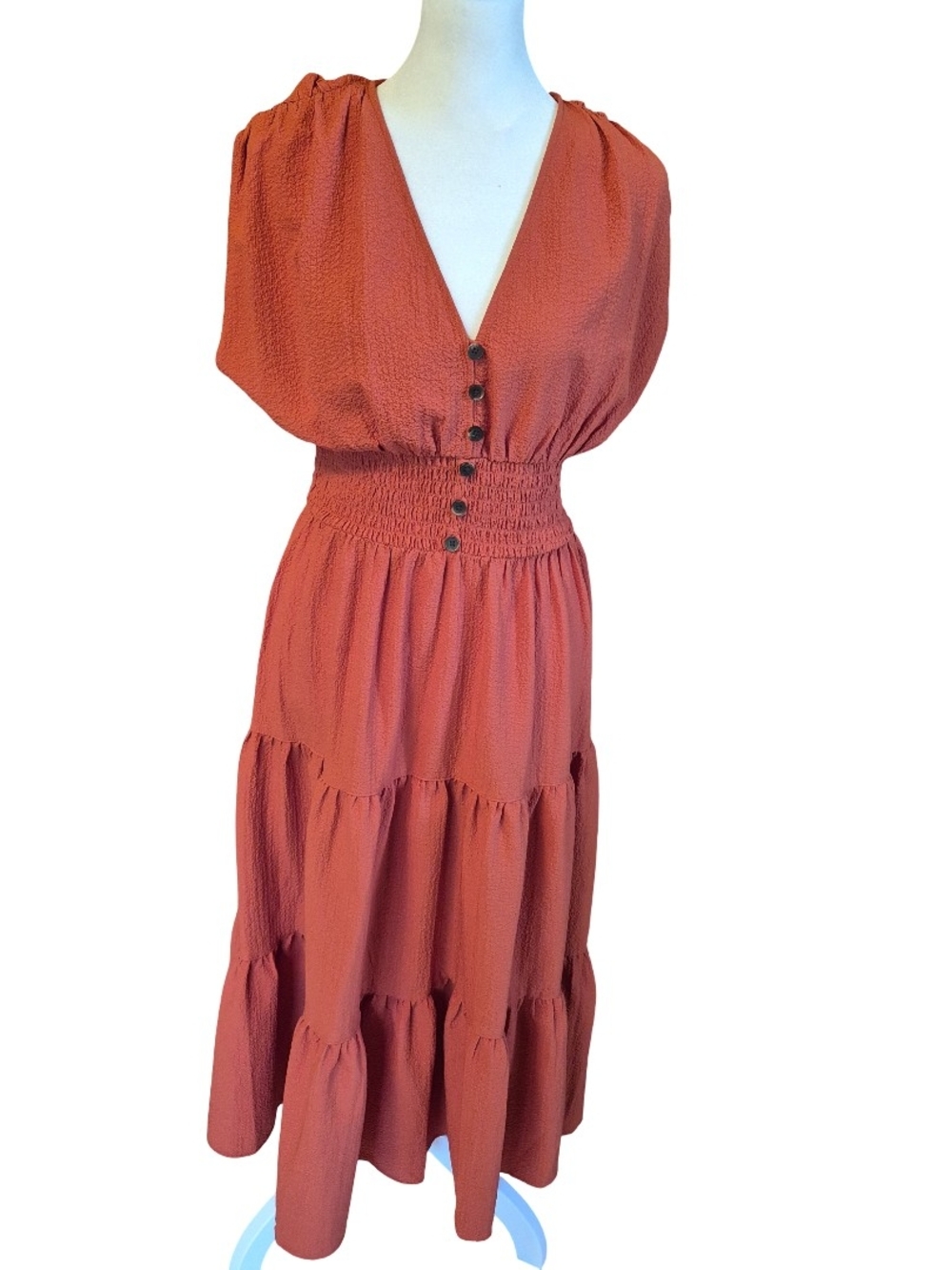 Calvin Klein Rust Red Tiered V-Neck Maxi Dress
